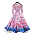 French romantic style printed stretch dress - women's summer long sleeve slim fit a-line dress - high-end commute dress