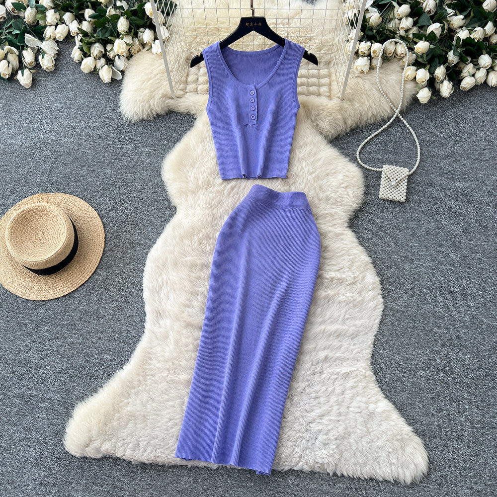 Luxury minimalist sleeveless knit two-piece set for women - summer casual commute high-waisted slimming fit