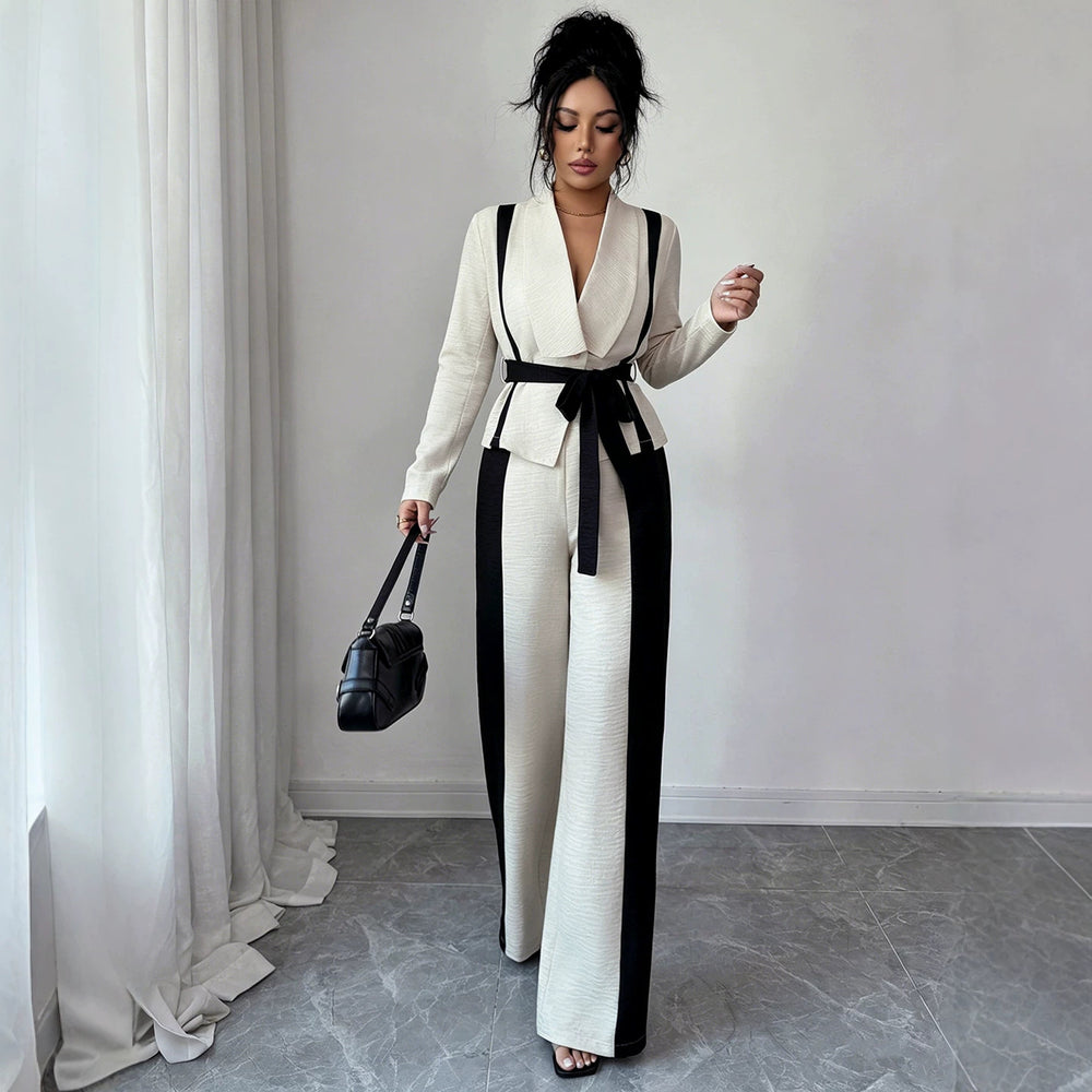 minimalist color block two-piece set: v-neck, tie-waist jacket with black and white wide-leg pants