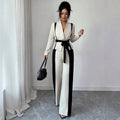 minimalist color block two-piece set: v-neck, tie-waist jacket with black and white wide-leg pants