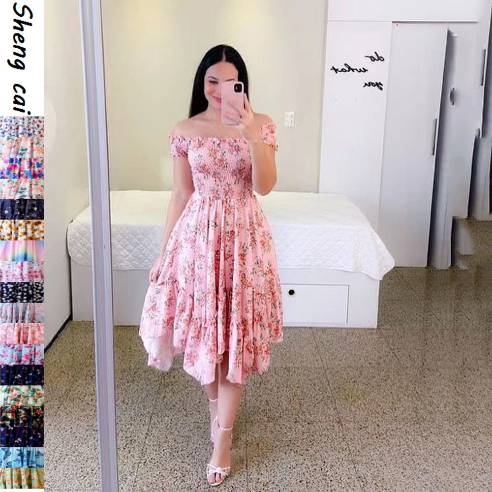 fashion cross-border   one-shoulder asymmetrical off-shoulder short-sleeve digital print dress