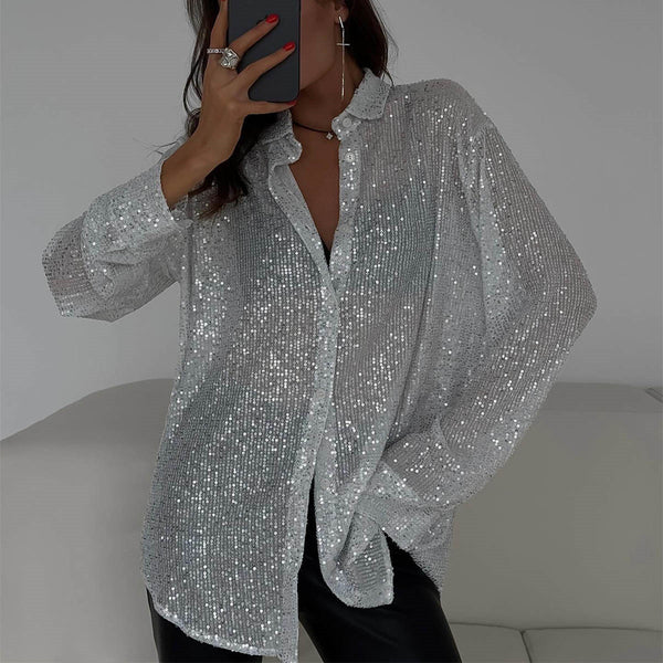 Spring and summer 2024 European and American new beaded tops lapel long-sleeved cardigans basic  women's shirts and coats