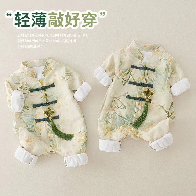 Spring autum baby chinese style double layer long sleeves jumpsuit autumn style male and female baby one-year-old dress 100-day banquet climbing suit