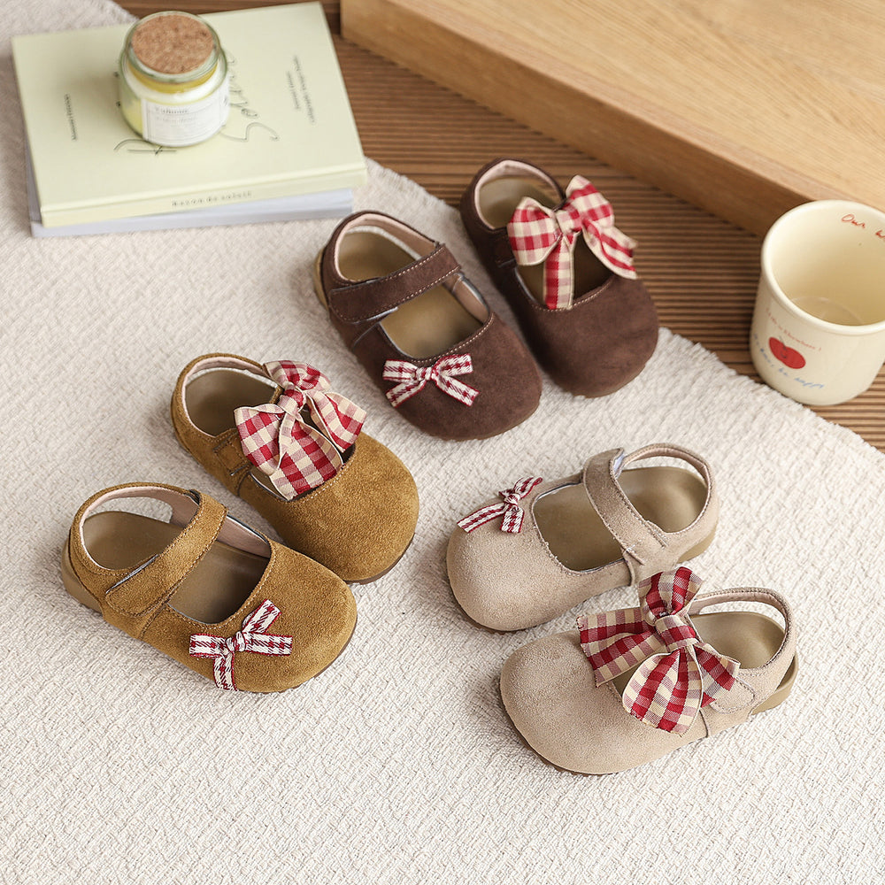Vancahao girls' round-toe closed-toe sandals,  new plaid bowknot soft sole flats, versatile princess shoes
