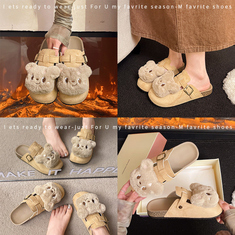New arrivalcute bear casual slip-on loafers flats shoes non-slip toe-cap half-slippers easiest for match birkenstock women's shoes