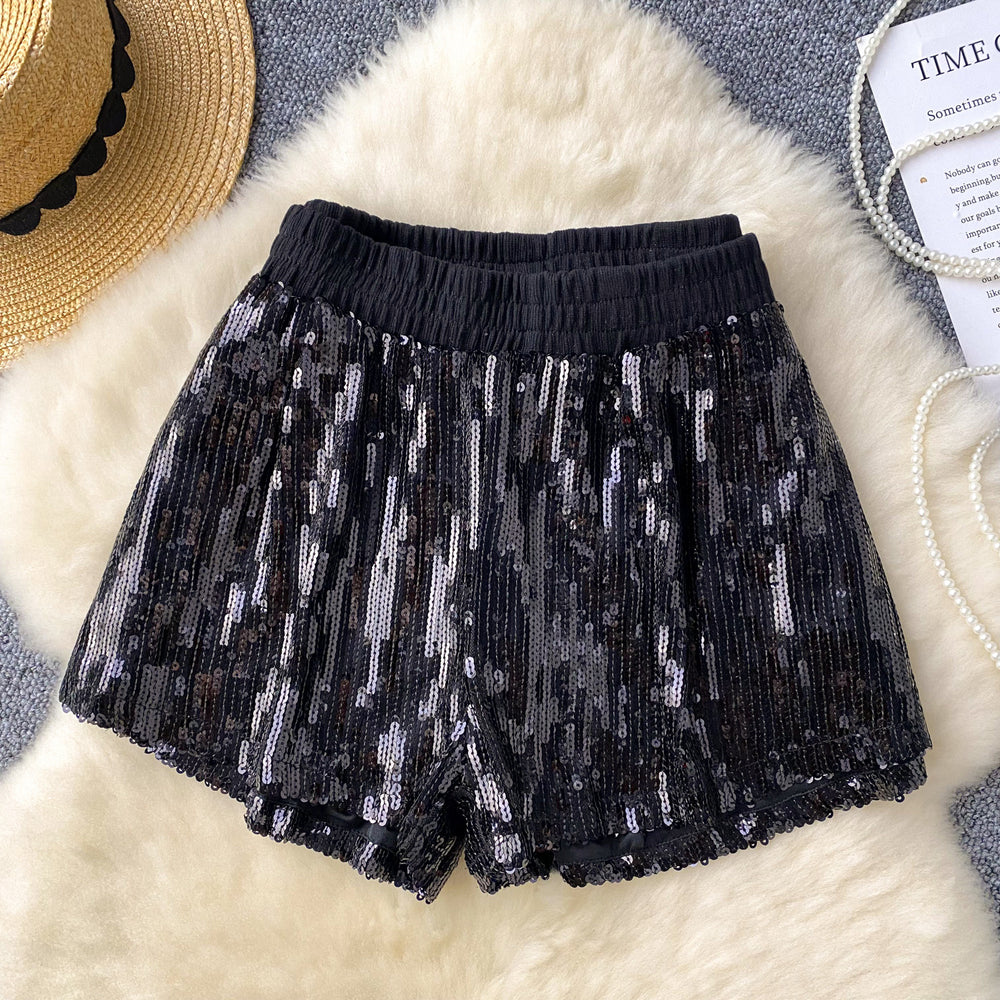Heavy sequin sparklingshorts women's elastic waist easiest for matchslimming looka-line loose pants summernew arrival crotch casual pants