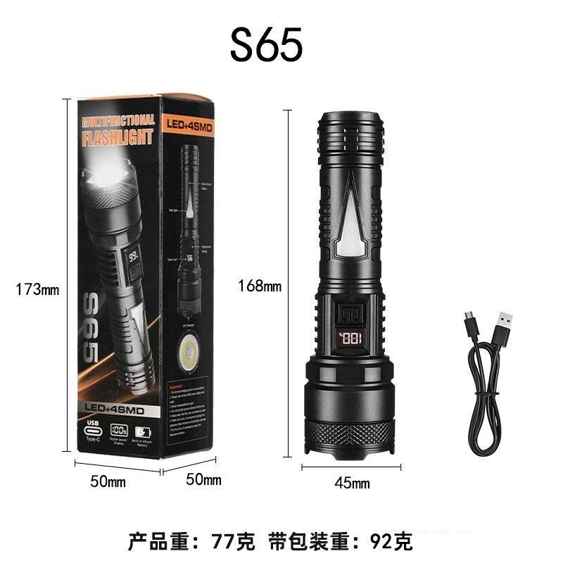 Explosive intelligent digital display flashlight Multifunctional with side light Outdoor work light Emergency maintenance light Mountaineering flashlight