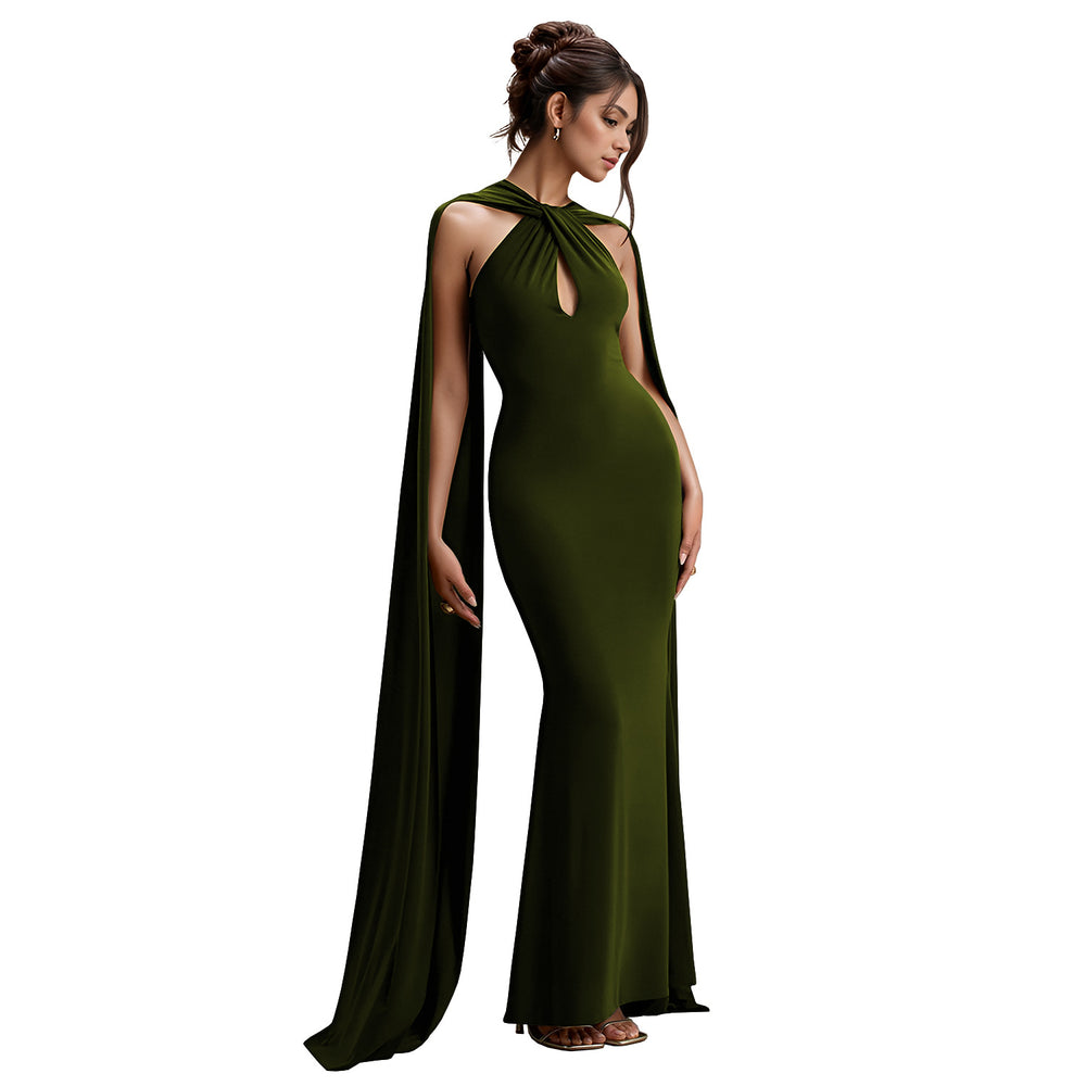 C7278 cross-border   fashion women's casual elegant long dress with ribbon detail - solid color
