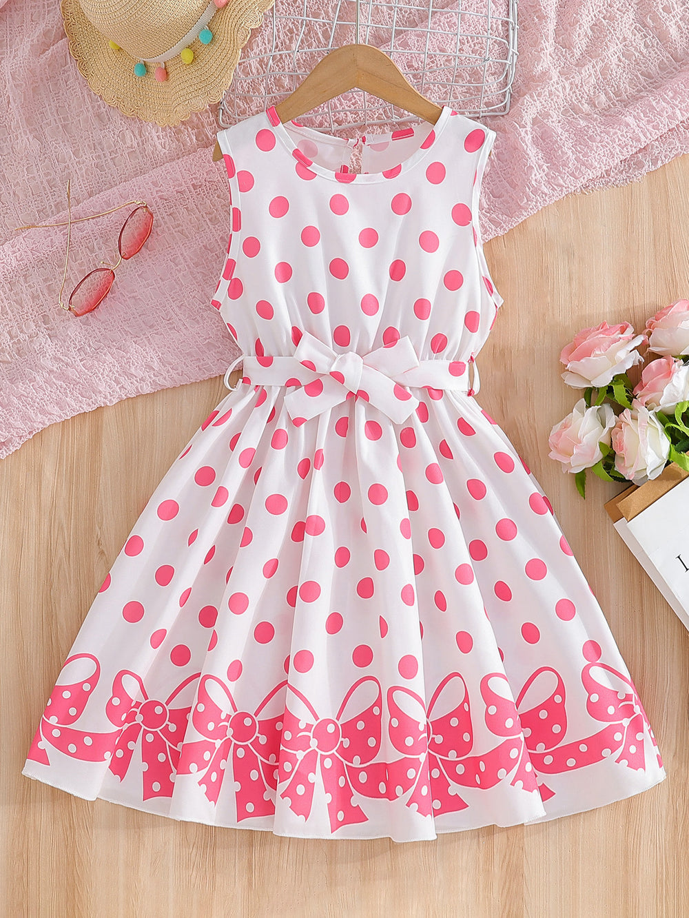 summer girls' sleeveless sundress - pink polka dot bow print with belted waist