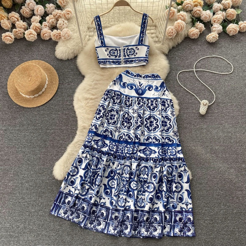 European and american style blue and white porcelain print set - women's summer lingerie: cropped cami top + high-waisted midi skirt
