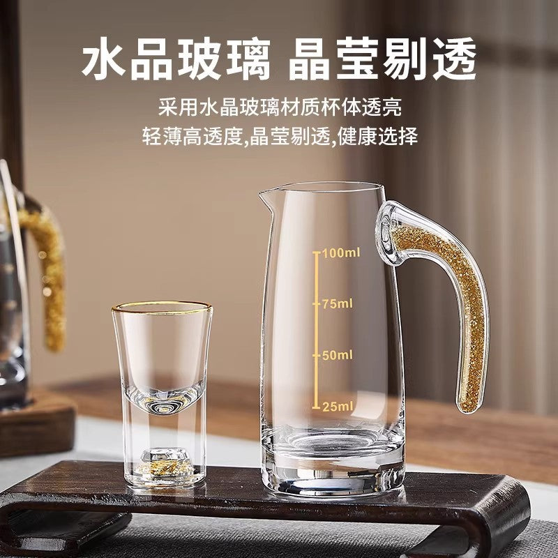 High-end acacia wood white wine glass set - home use, light luxury crystal glass shot glasses, gold foil wine pourer, barware set