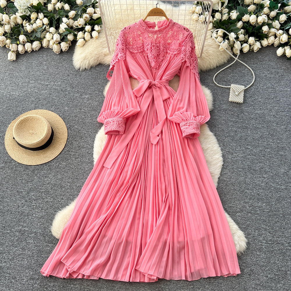 Elegant red lace pleated dress - women's unique tie-waist a-line maxi dress for work and everyday style