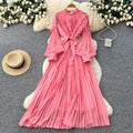 Elegant red lace pleated dress - women's unique tie-waist a-line maxi dress for work and everyday style