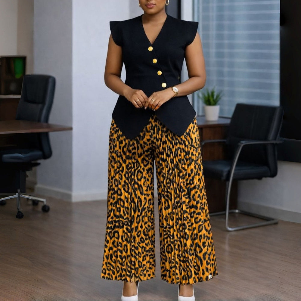 D632 european and american cross-border fashion sleeveless button-up solid color v-neck top with printed pleated wide-leg pants african two-piece set