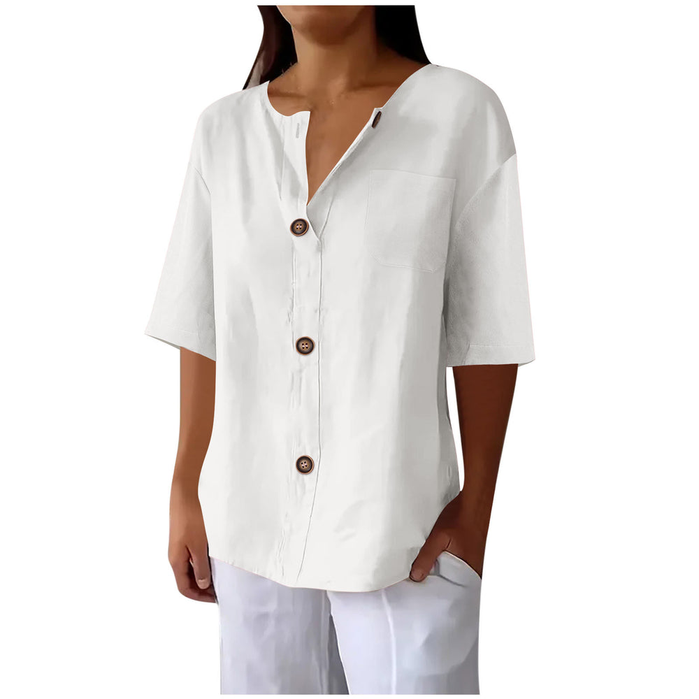 cross-border fashion summer new loose t-shirt women's v neck cotton and linen button tops