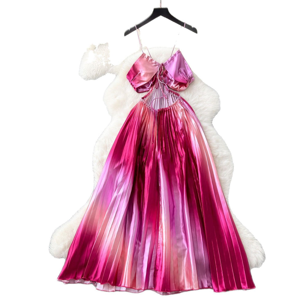 Vacation-style dress for women,  summer collection: designer cutout, cropped cami, high-waisted, slimming, ombre maxi dress