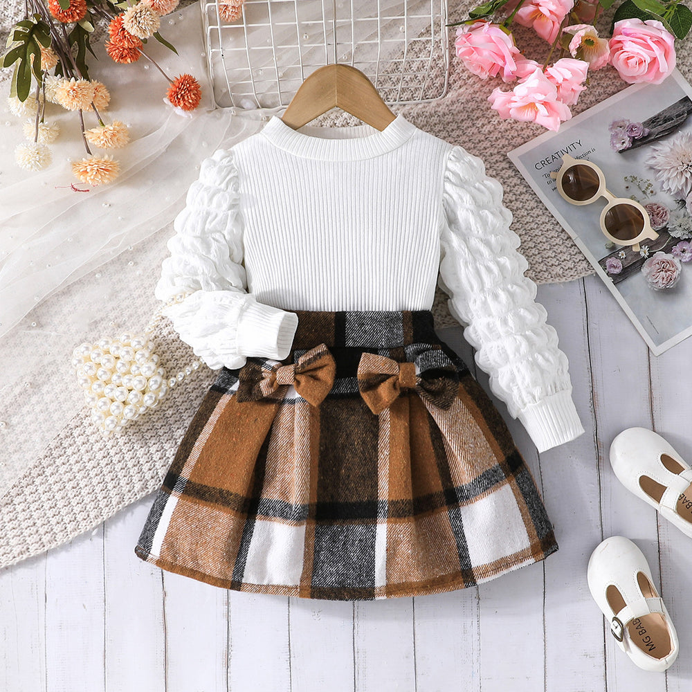 autumn new arrivals: puff sleeve top + plaid midi skirt - european & american style, direct from the manufacturer for cross-border e-commerce, girls' fashion wholesale