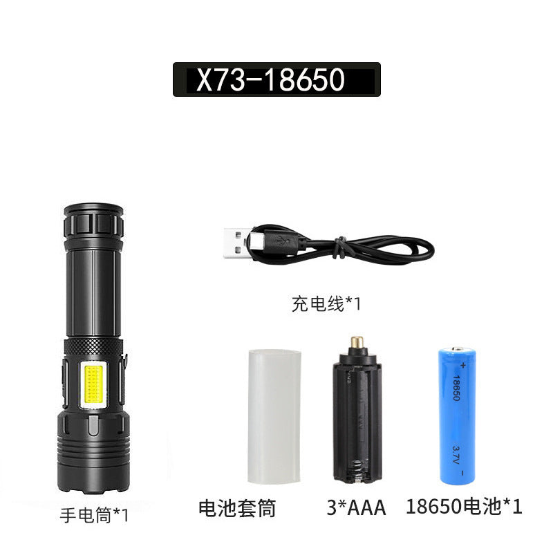 Cross-border new XHP90 + COB strong light flashlight USB charging outdoor zoom side light P160 LED flashlight