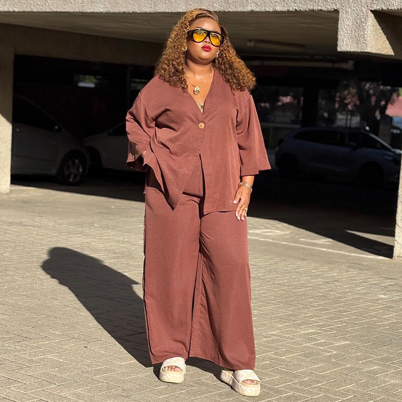 European and american women's clothing  autumn new collection: sweet and fresh v-neck batwing sleeve high-waisted wide-leg pants fashion casual set