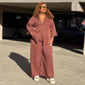 European and american women's clothing  autumn new collection: sweet and fresh v-neck batwing sleeve high-waisted wide-leg pants fashion casual set