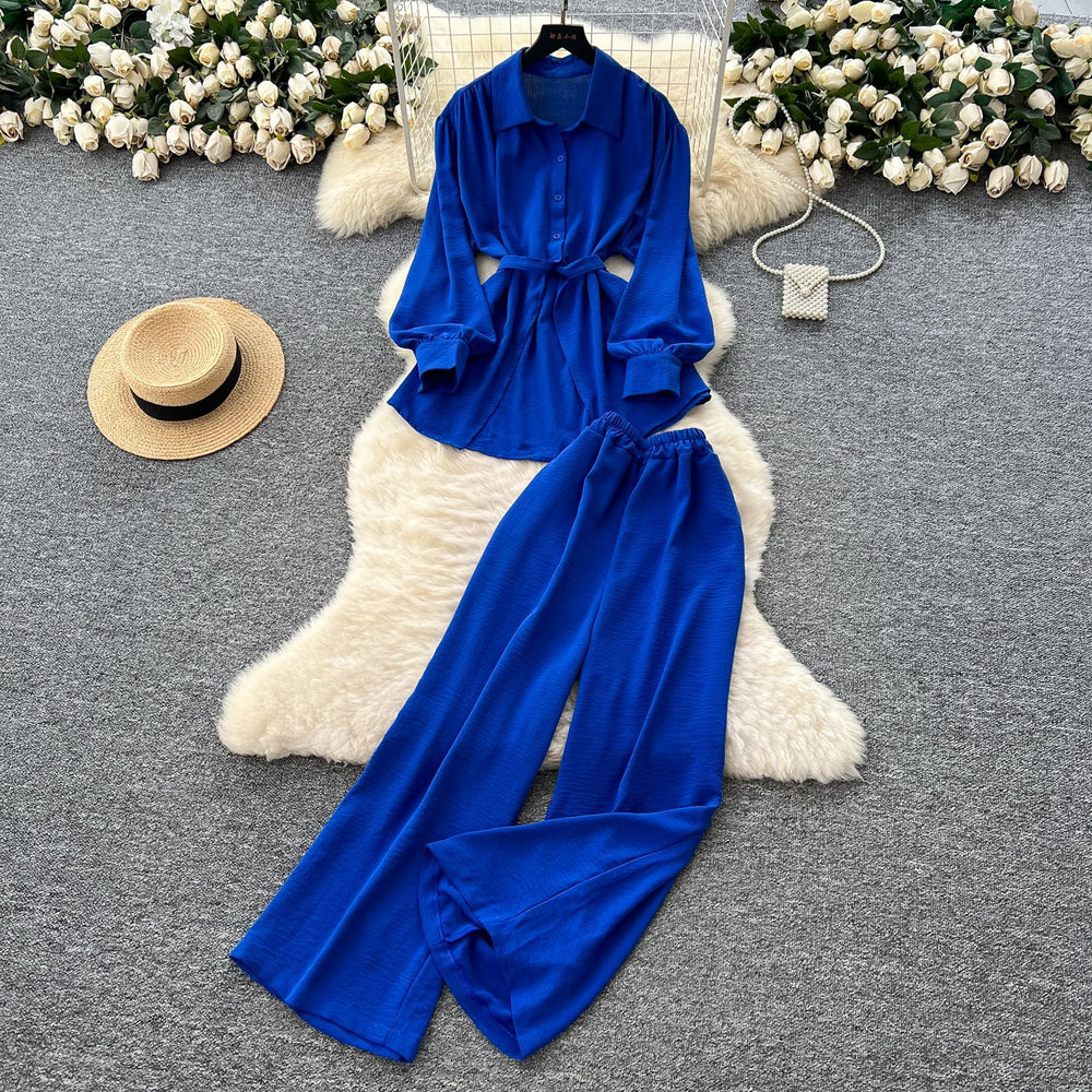 Light mature style casual strappy waist long sleeves single-breasted shirt women's high waist wide-leg straight-leg pants loose two-piece set