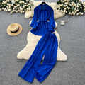 Light mature style casual strappy waist long sleeves single-breasted shirt women's high waist wide-leg straight-leg pants loose two-piece set