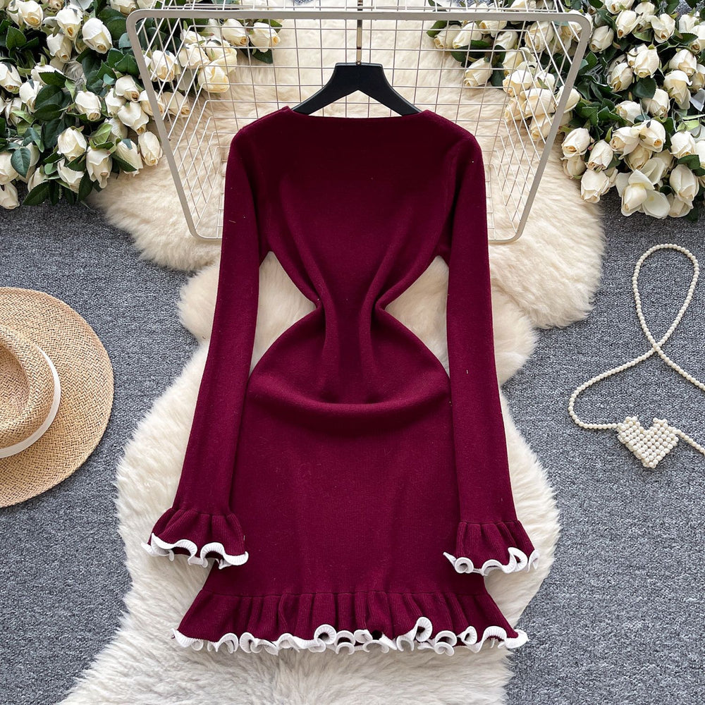 Premium inner layer autumn/winter sweater dress -  new sexy slimming ruffle long sleeve knitted dress