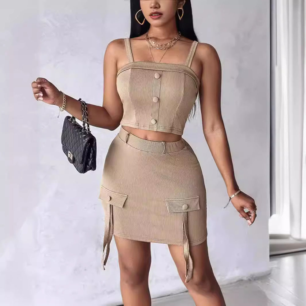 button-down square neck cami top and flap detail midi skirt two-piece set - this year's must-have