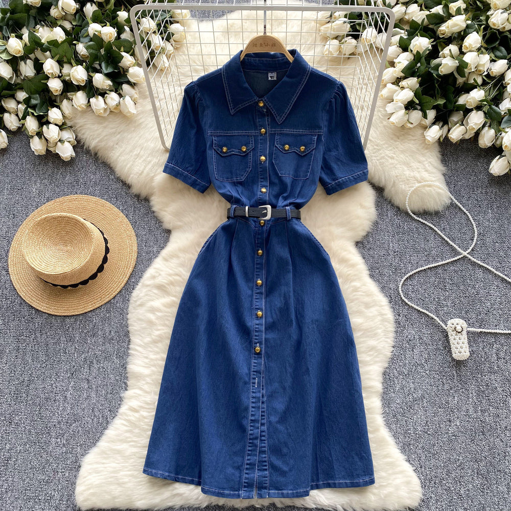 Women's summer commute fashion retro polo collar short sleeve metal single-breasted belted waist slimming denim dress