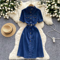 Women's summer commute fashion retro polo collar short sleeve metal single-breasted belted waist slimming denim dress