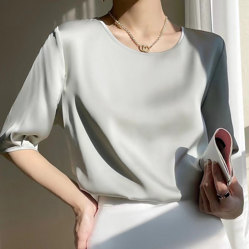 Faux silk five-sleeve t-shirt for women - new summer collection, elegant and relaxed fit, mid-sleeve tee, crew neck top