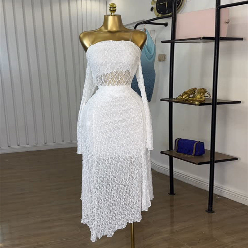 European and american cross-border women's fashion  autumn new arrival: elegant one-shoulder long sleeve hollow-out lace top and midi skirt set