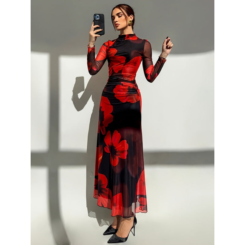 Aliexpress 1688 independent station in stock red tie-dye mesh printinglong women's dress