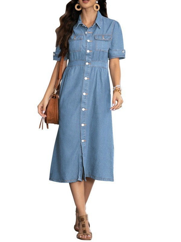 summer lapel shirt denim dresselegant hair quality elegancecasualslimming look a-line skirt mid-length skirt