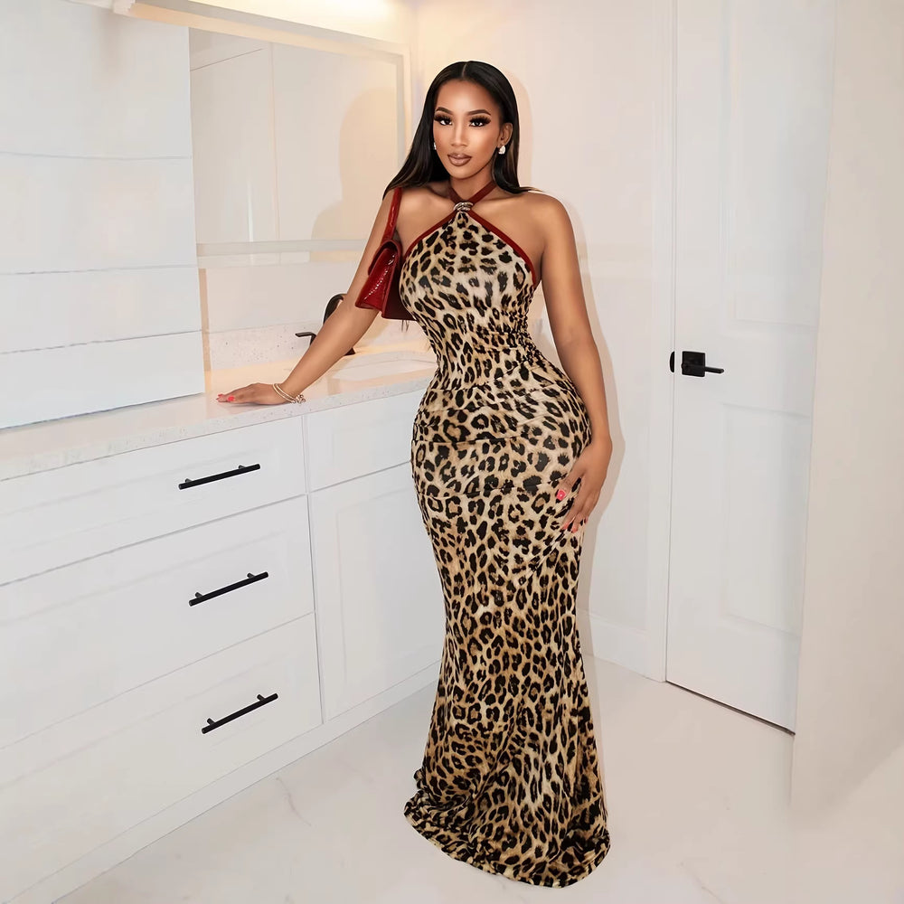 European and american style new  camisole sexy backless leopard print dress hot girl slim fit maxi dress