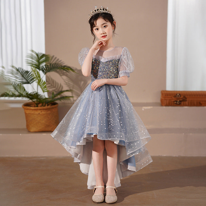 Girls' formal dresses with train, new  princess style, mesh, chic flower girl wedding dress, swallowtail skirt, wholesale ready stock, spring/autumn collection
