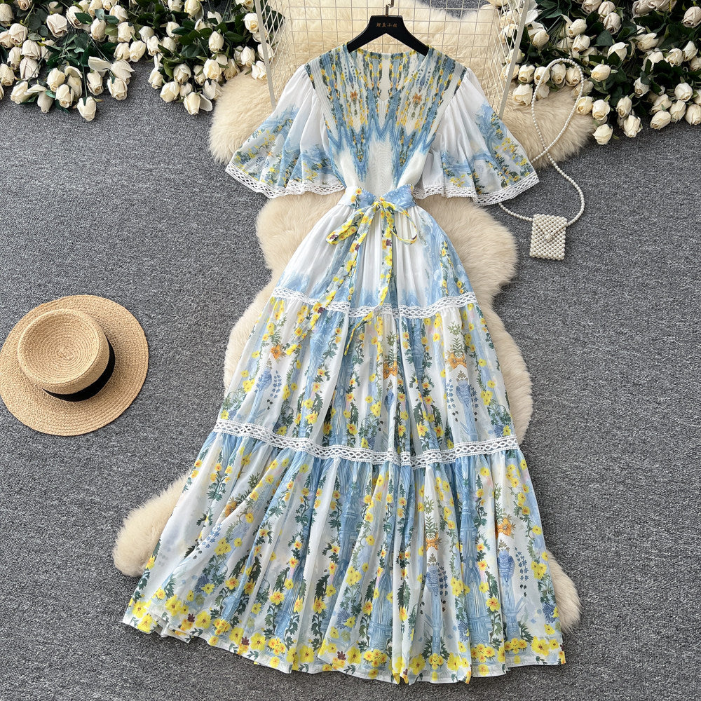 French riviera style printed short-sleeve pleated dress - women's summer v-neck, cinched waist, tie-up maxi dress - high-end, slimming fit
