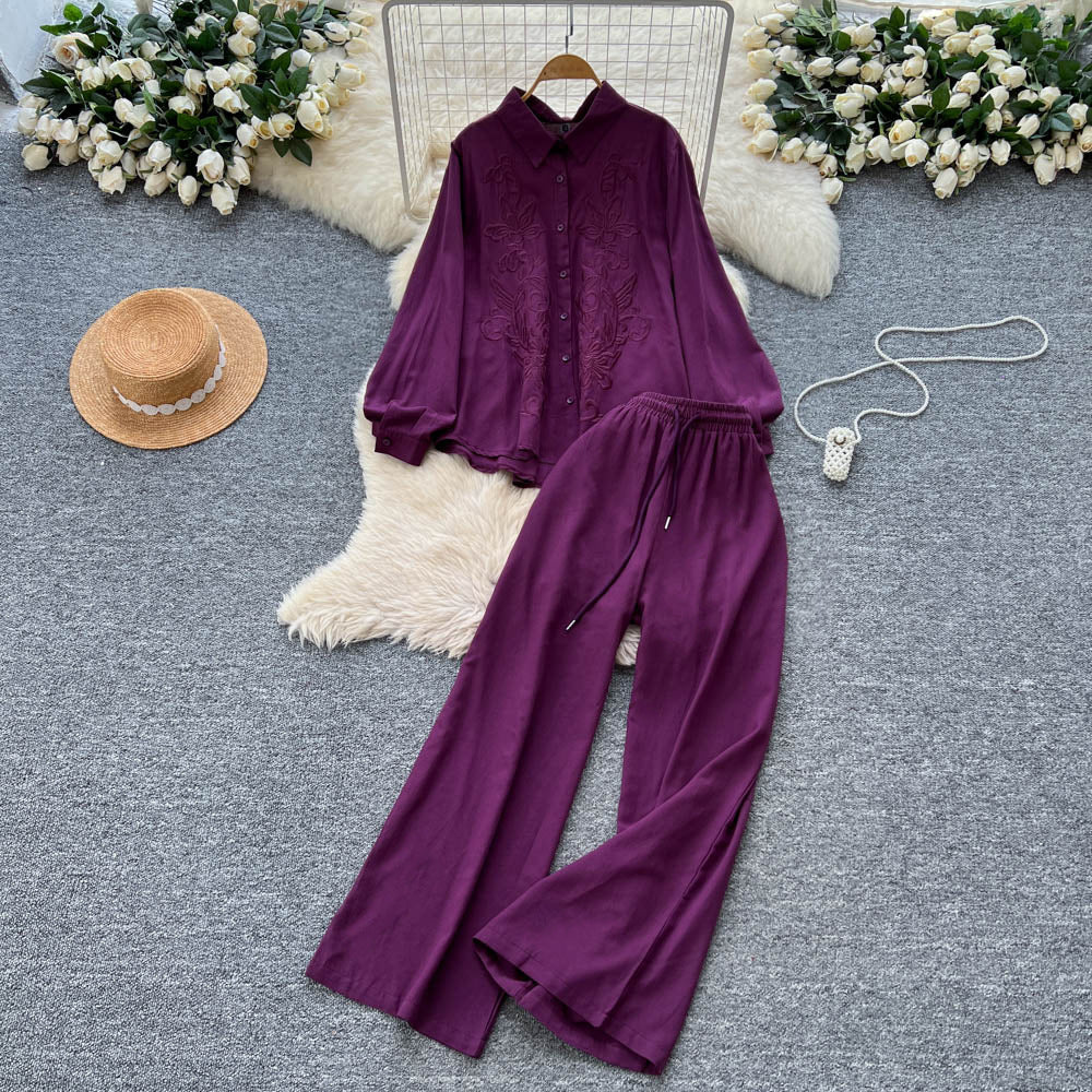 Lazy style casualfashion heavy industry embroiderlooselong sleevesshirt women's high waistslimming lookloose pantsautumsuit