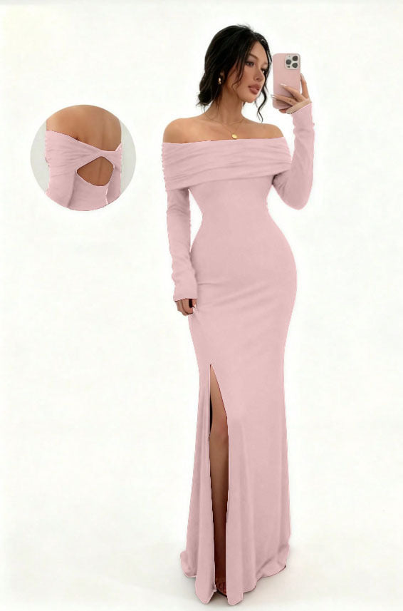 new autumn cross-border long-sleeve slit one-shoulder fashionable slim-fit elegant socialite sexy bodycon dress