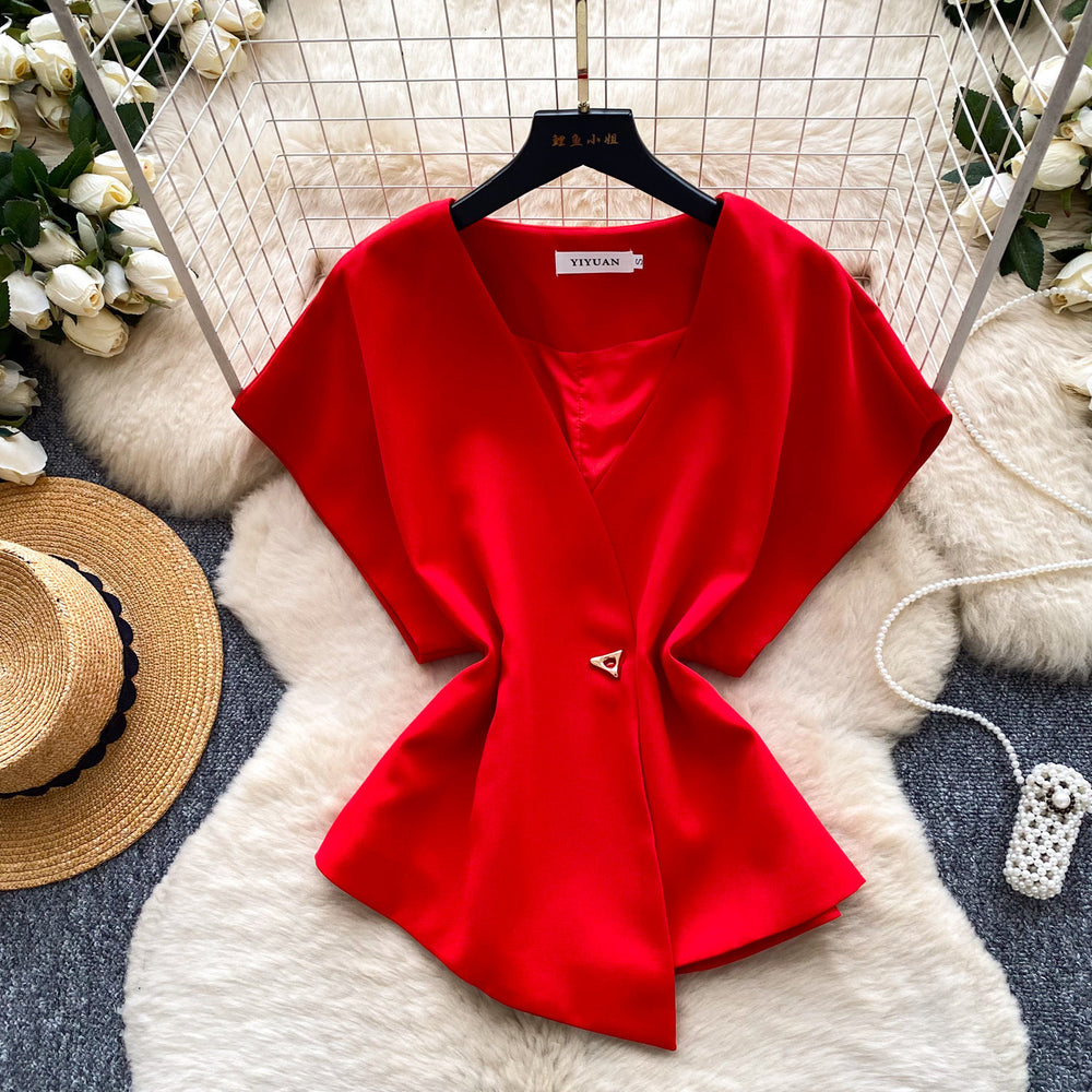 Korean style v-neck short sleeve shirt for women -  spring collection - unique, asymmetrical design - commuter chic cardigan top
