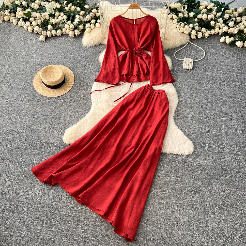 Commuting style classylong sleeves flower strap two-piece set female autum strap waist slimming lookhigh waistsuit skirt