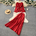 Commuting style classylong sleeves flower strap two-piece set female autum strap waist slimming lookhigh waistsuit skirt