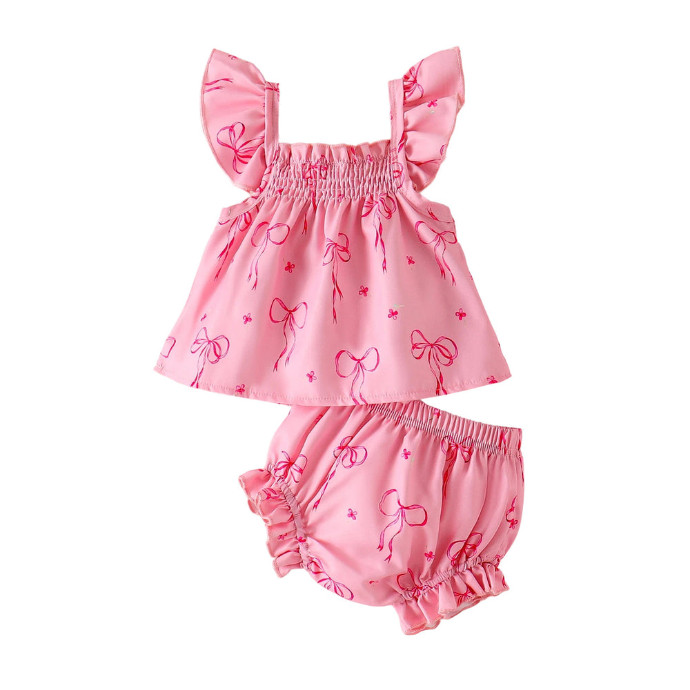 European and american summer new arrival: baby girl flutter sleeve bow print loose-fit children's pajama set - comfortable and cool