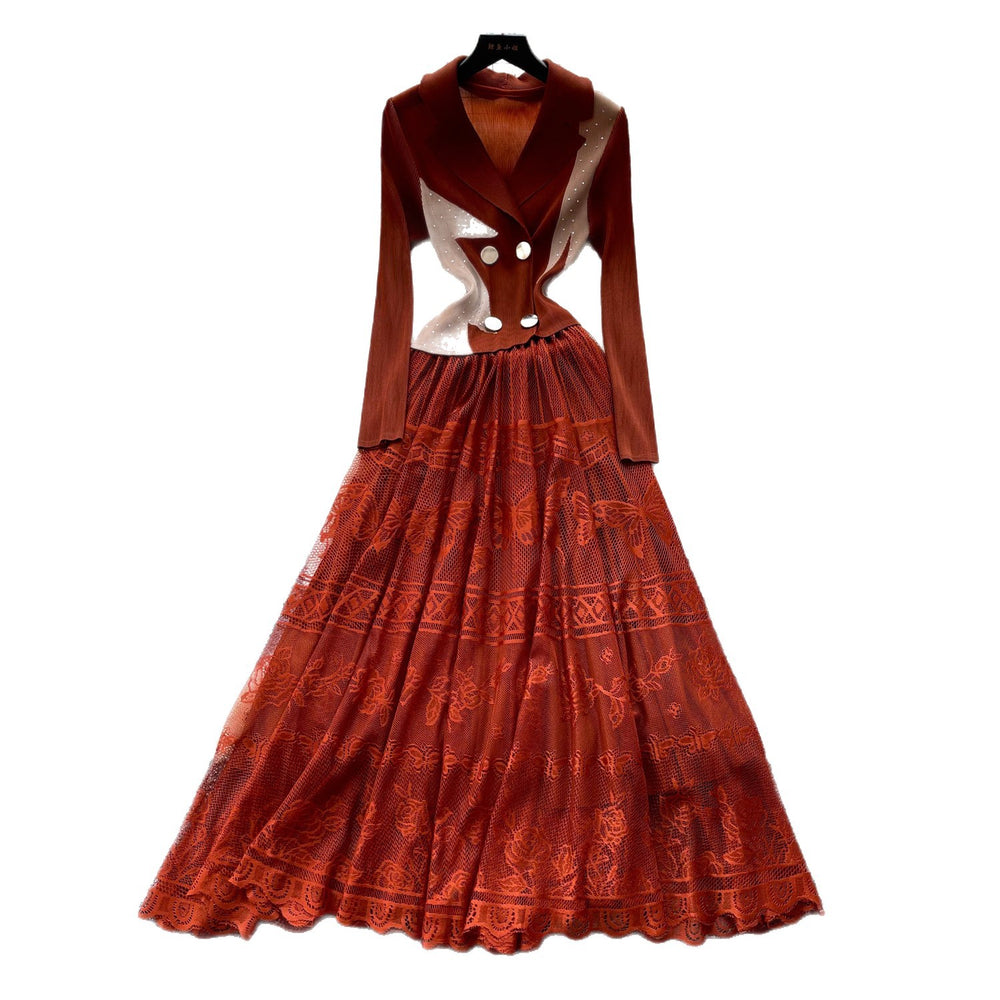 French romantic style blazer collar lace dress - women's summer slimming pleated flowy maxi dress - commute chic & elegant