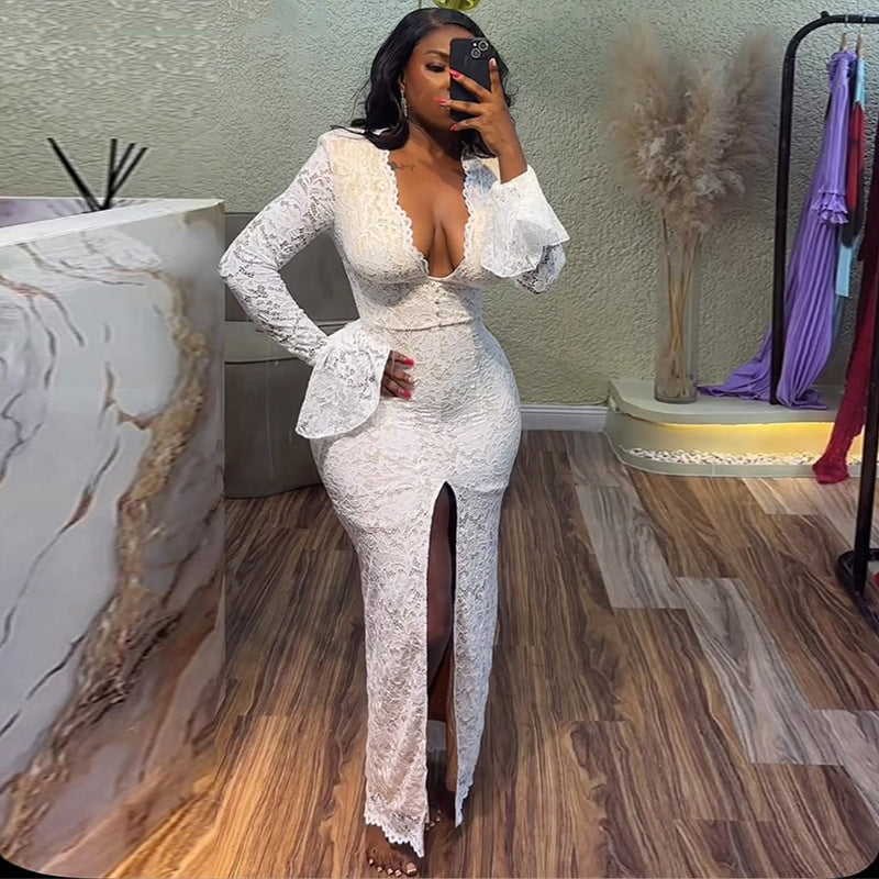 European and american cross-border women's fashion:  summer new arrival - elegant v-neck lace slim-fit flared sleeve slit maxi dress