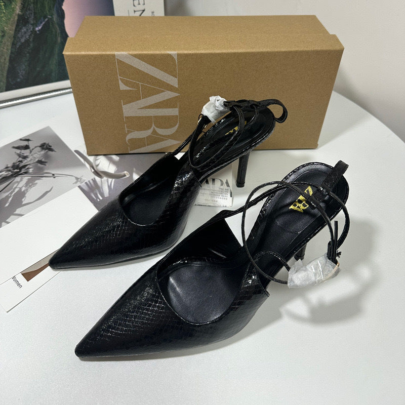 Az2024 summer new arrivals: black python print buckled stiletto mules - trendy pointed-toe open-back sweet style