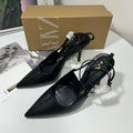 Az2024 summer new arrivals: black python print buckled stiletto mules - trendy pointed-toe open-back sweet style