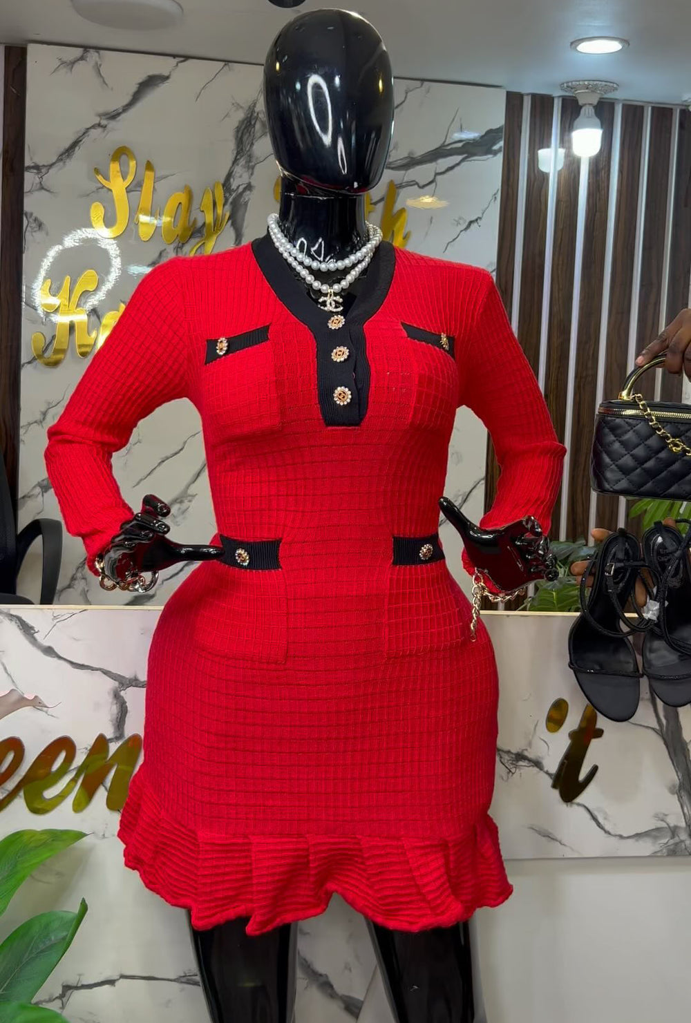 Exportnew arrivalfall and winternew arrivalwaffle gridscontrast color tweed stylev neckknittingdressruffles skirt