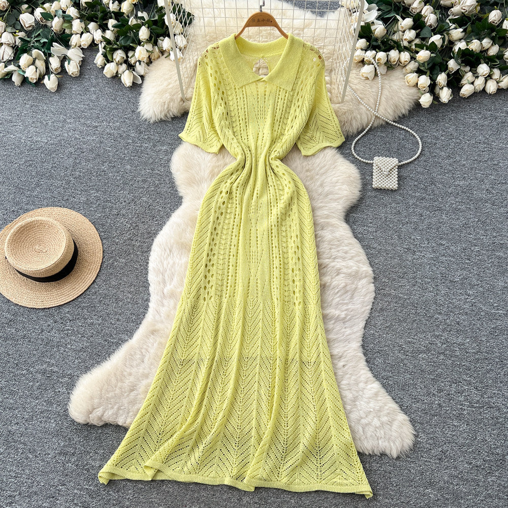 Korean style light luxury lapel short sleeve hollow-out knit dress - women's summer cinched waist tie a-line maxi dress - commute friendly