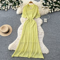 Korean style light luxury lapel short sleeve hollow-out knit dress - women's summer cinched waist tie a-line maxi dress - commute friendly